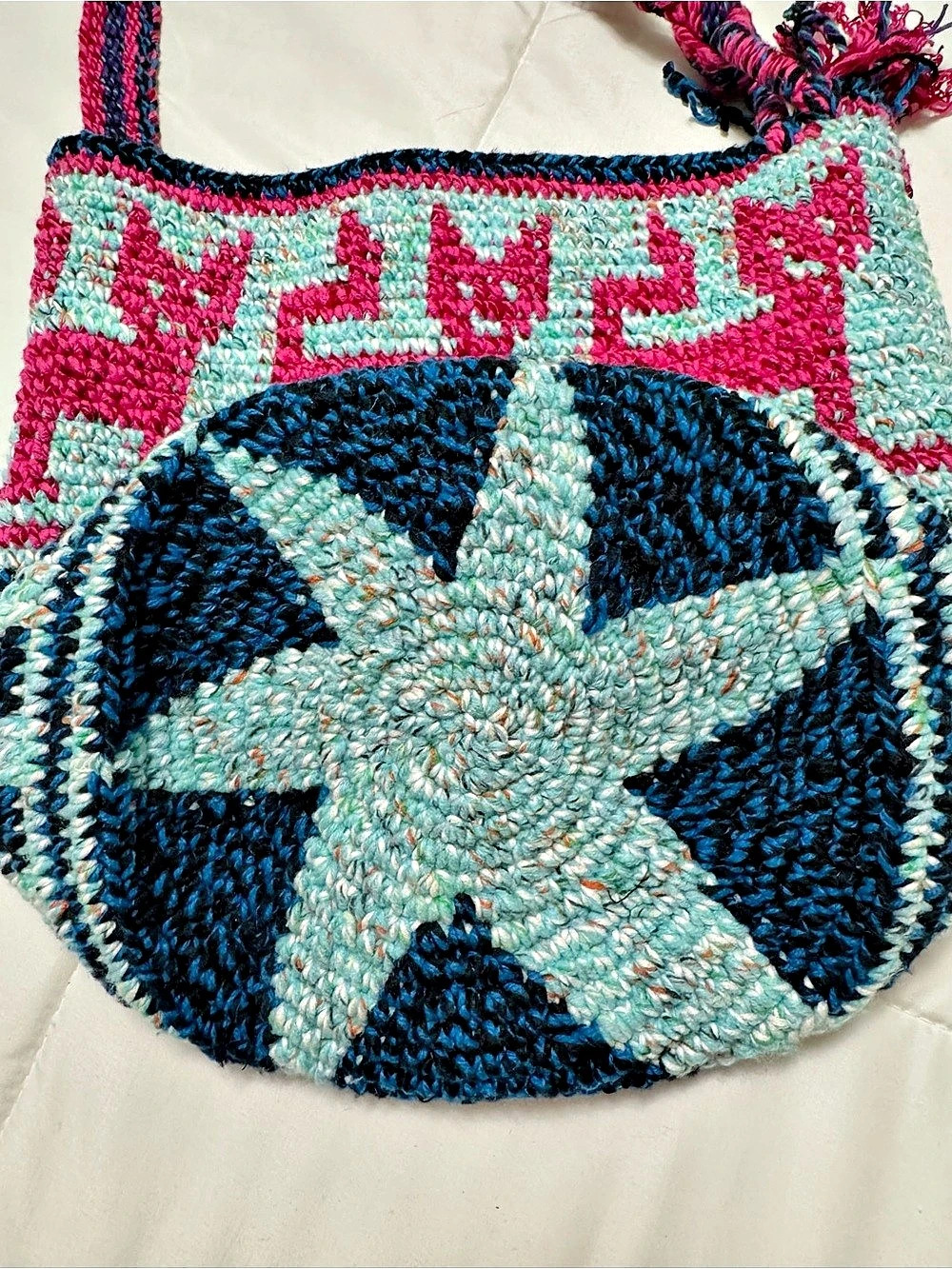 Handwoven Cat/Kitty Crossbody Guatemalan Morral Bag in Pink & Blue - Picture 3 of 7